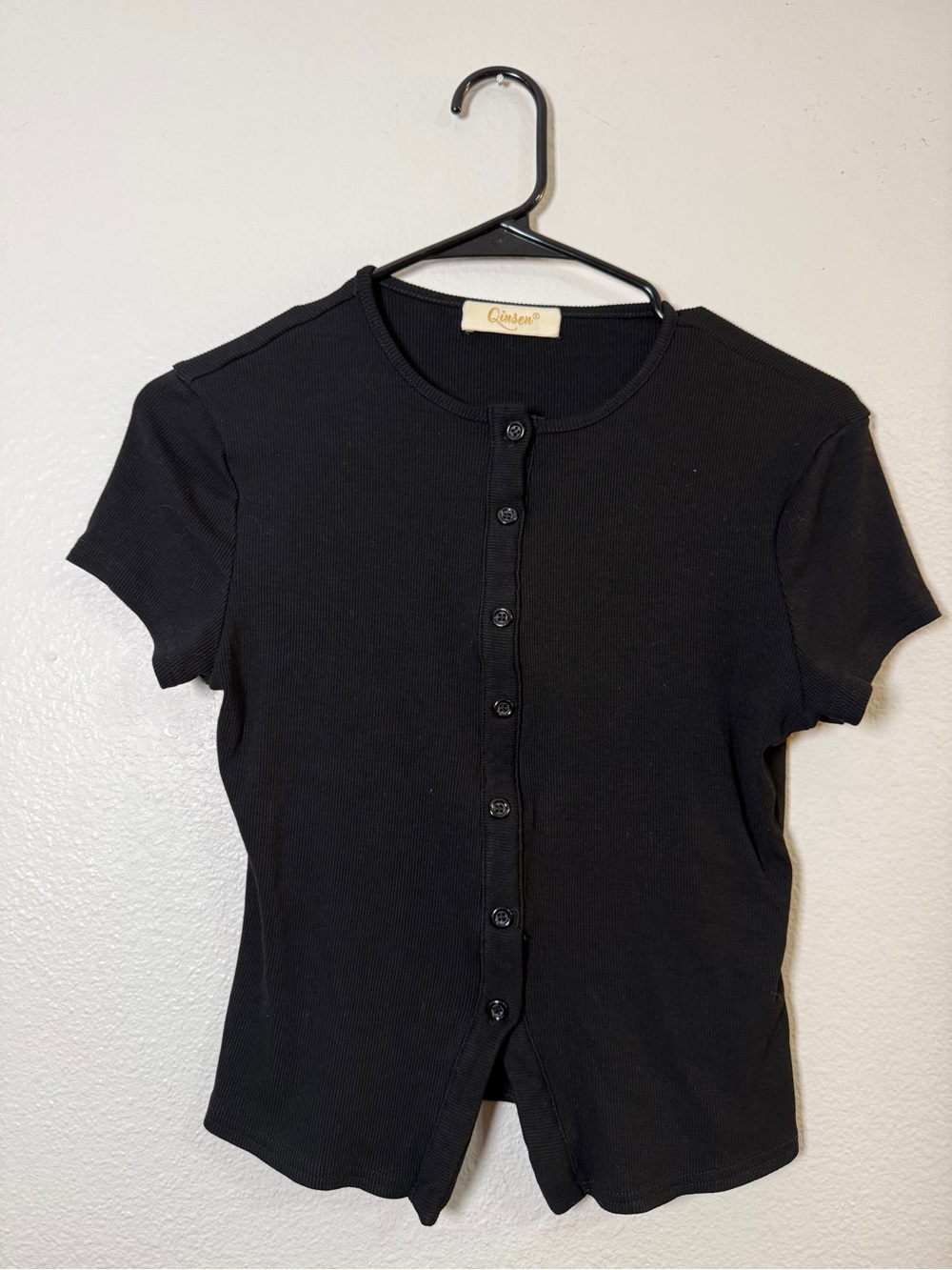 Cuyana Black Short Sleeve Ribbed Button-Front Top